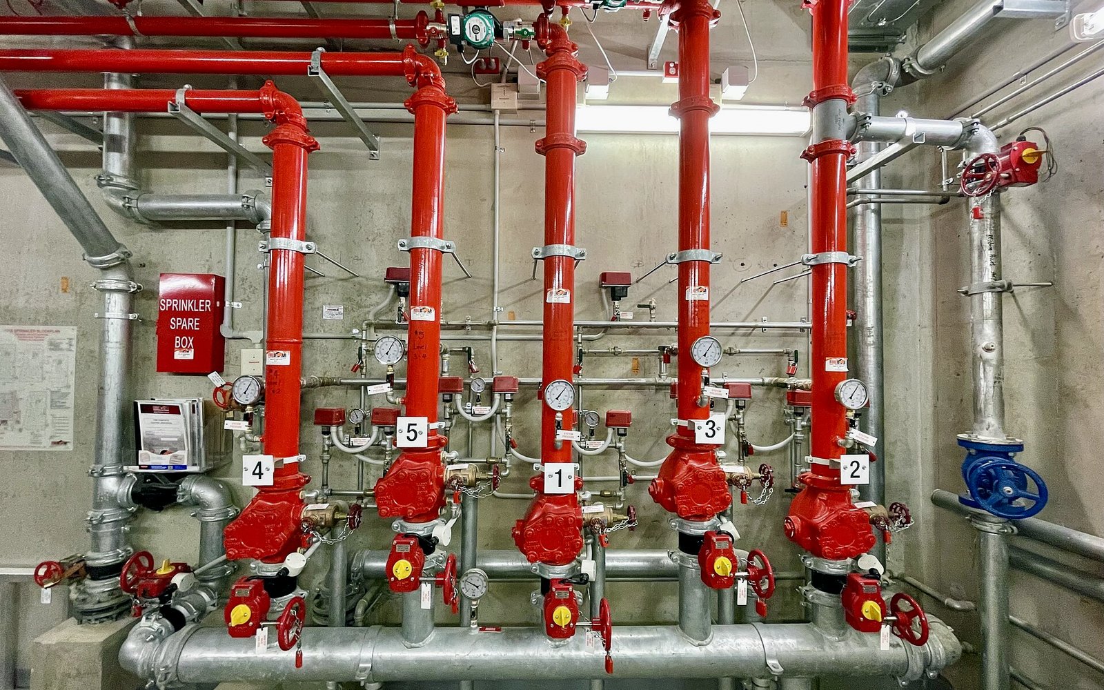 Red fire sprinkler risers with grooved piping